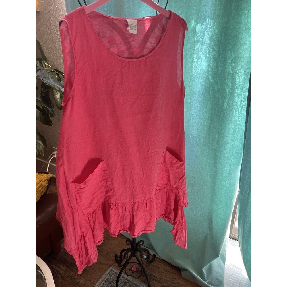 Match Point USA Pink Linen Sleeveless Top Pockets Oversized XL Pretty Flounce!